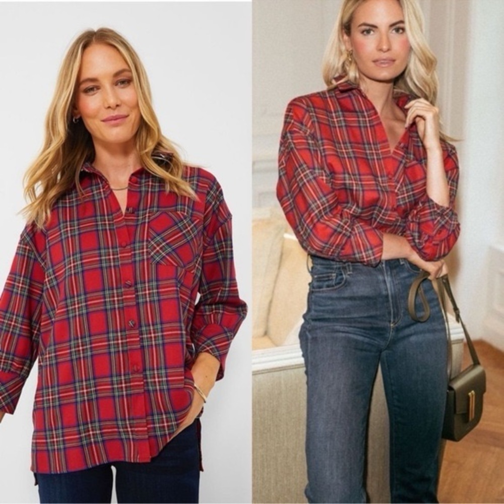 Tuckernuck Red Plaid Button Front Relaxed Tunic Shirt Women’s XS Preppy